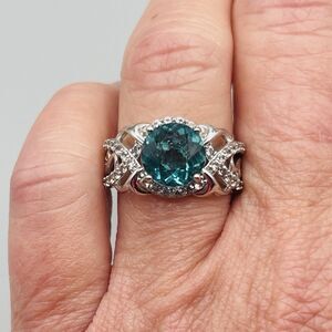 JTV Round Teal Fluorite with Round White Zircon, Rhodium Over SS Ring Size 7 New